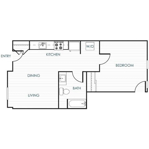 Floor plan for 1 bed, 1 bath, 673 sqft